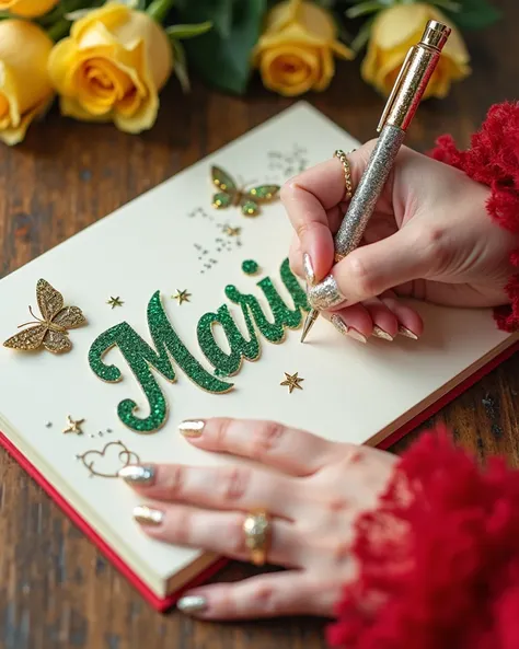 a close up image of White tone Korean hands wearing Red princess lassy sleeves , ring and holding a glitter pen written on the medium notebook big word “ Mariam “ Green and gold mix glitter centre of The Notebook which emboss above the surface with spectru...