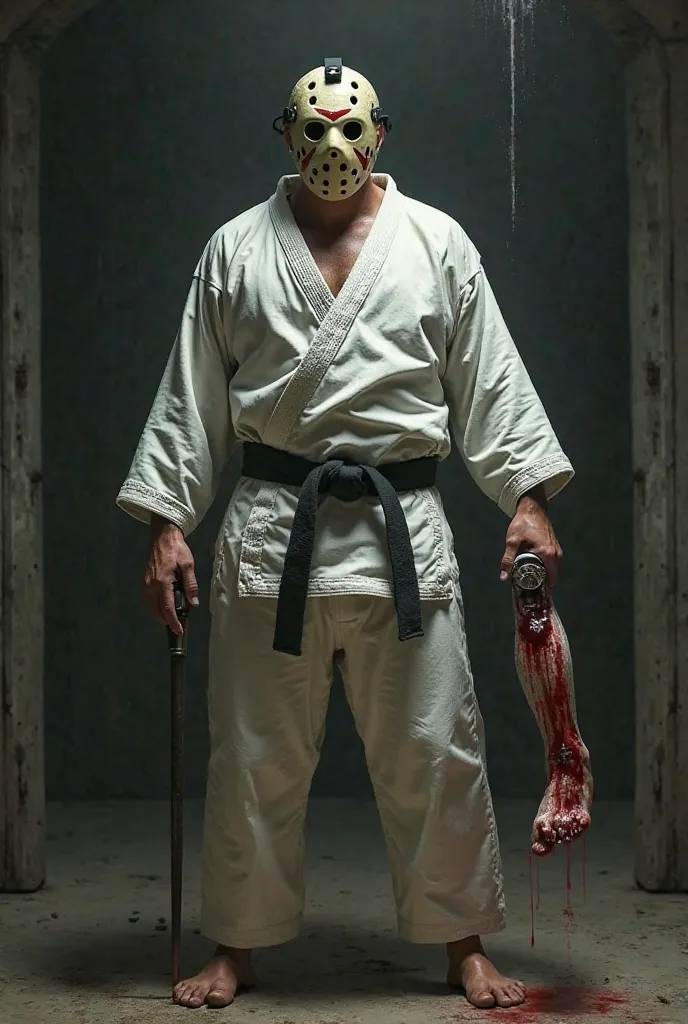 Jason from the movie Friday the 13th, wearing white jiu-jitsu kimono, carrying a bleeding foot on your hand