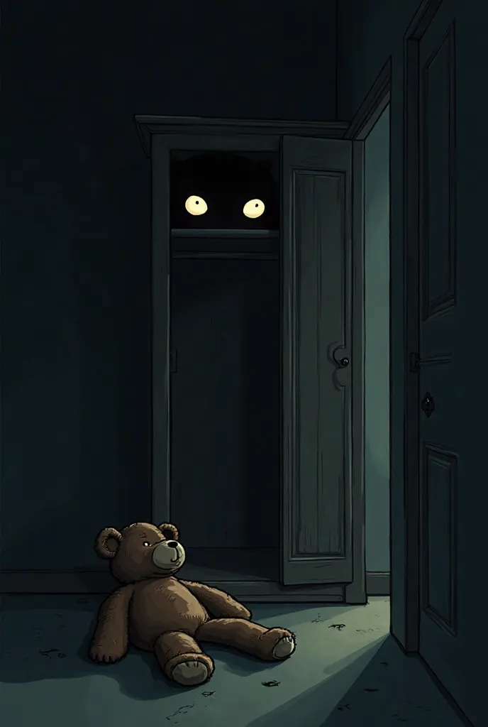 Serious cartoon in the style of charge. A shady room, illuminated only by the faint light of the corridor. The wardrobe is half-open, and inside it , two bright eyes observe.  on the ground, a fallen teddy bear, with torn seams and an empty expression. The...