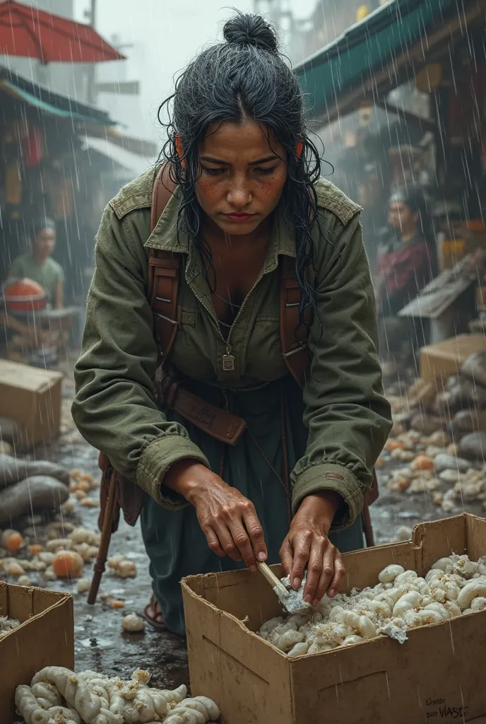 woman in markets in the rain picking up cartons from the garbage