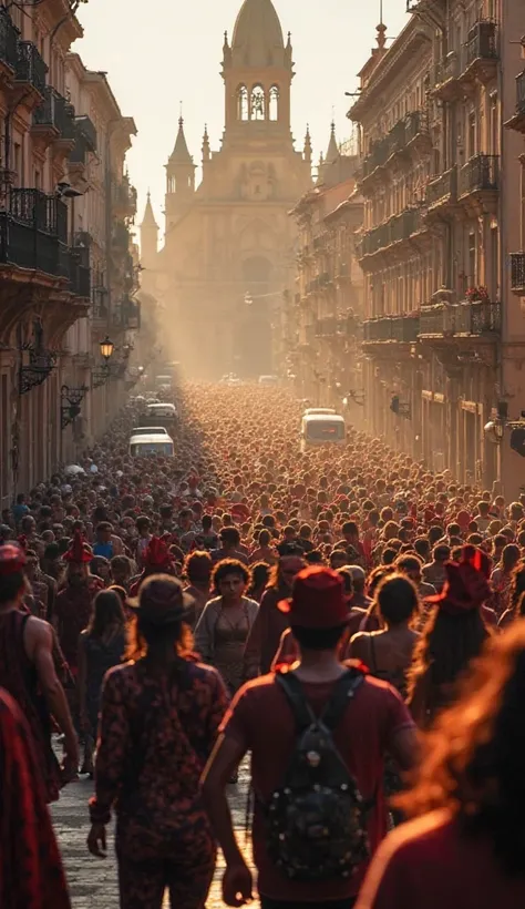 An enormous procession of revelers dancing through the streets, while in the background, a historic church is partially illuminated. A scene captures the contrast between festive culture and the symbols of faith, highlighting the clash between the sacred a...