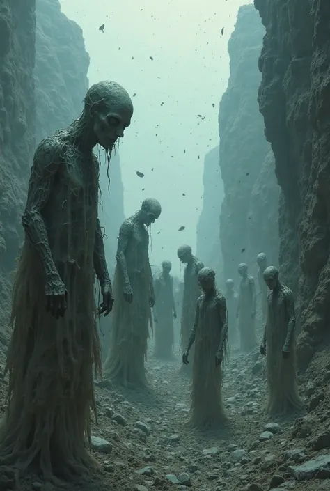 POV: You walk through a valley of eyeless figures, their mouths muttering broken prayers as they crawl toward you.

Texture: Their skin is paper-thin, nearly translucent, with dark veins pulsating beneath the surface. Some figures crumble into dust when to...