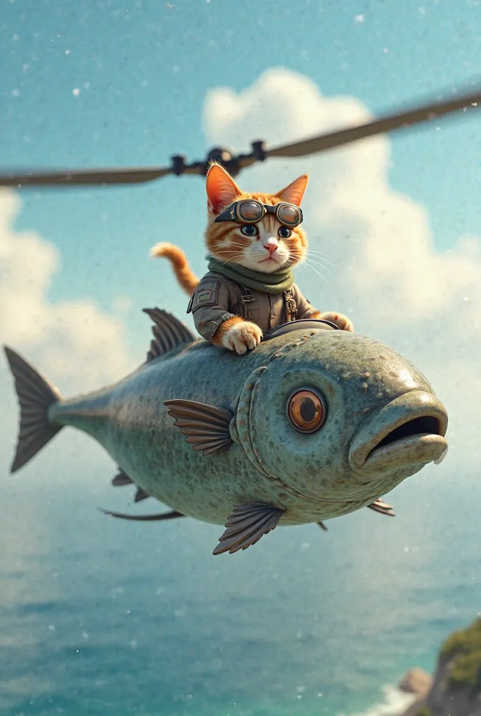 Generate for me a humanize cat that flies a fish helicopter