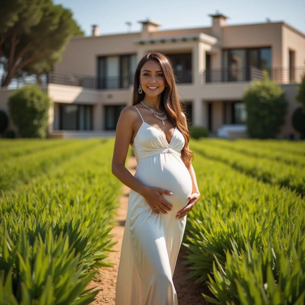 A woman in a maze of green grass, in the background a luxurious modern mansion, sunny day in Spain. A 3-month pregnant woman, golden skin, long straight brown hair, wearing a long white silk dress, high heels, diamond necklace, earrings. She is looking at ...