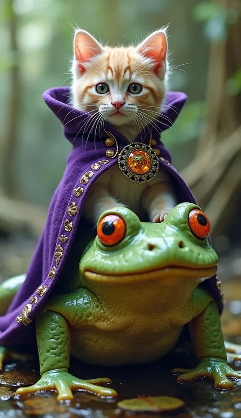 Wizard Kitten and Giant Frog – A small, light-haired cat wears a purple cape with gold details and an enchanted brooch, mounted on a large frog with orange eyes. The setting suggests a humid and mystical setting, perhaps an enchanted swamp.