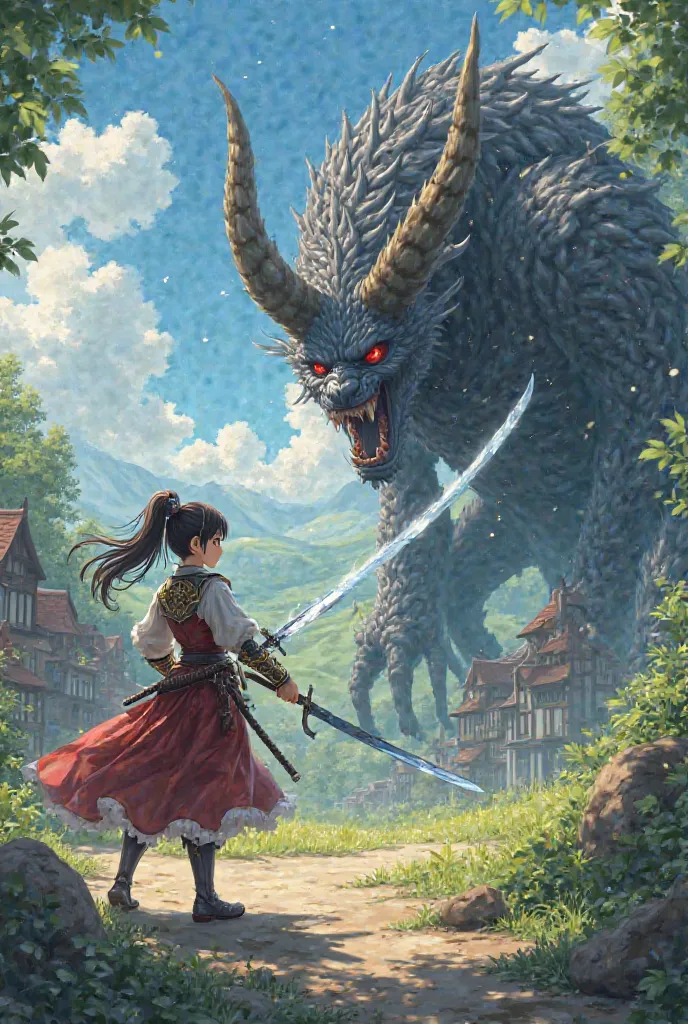 Anime girl cutting a cool demon for a beautiful tabletop photo looks at her village from a distance 