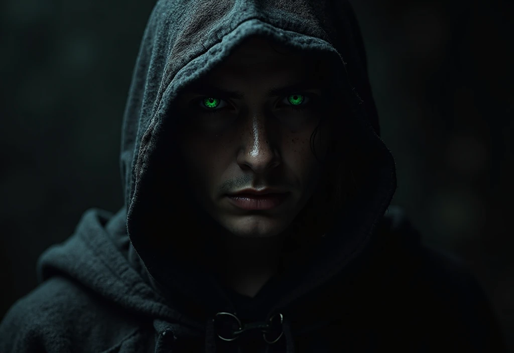 A solitary figure shrouded in shadow, rendered in a chiaroscuro style reminiscent of Rembrandt. Only the character's piercing eyes, a deep, intense emerald green, are visible, emanating a sense of mystery and intrigue.  The eyes, slightly downturned, conve...