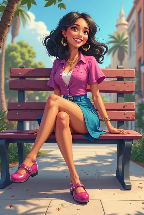 Tip: A very lovely  beautiful Asian American woman being happy alone on a bench in Downtown San Diego in the sun..The illustration is a high definition illustration with 4k resolution., with highly detailed facial features and cartoon style visuals, fuchsi...