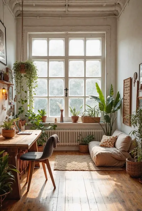 A studio combines bohemian and Scandinavian themes with large windows and lots of light.