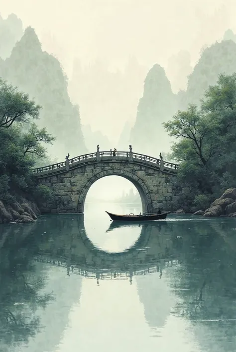 Shaoxing Ancient Bridge, Black Boat, Ink, Danqing