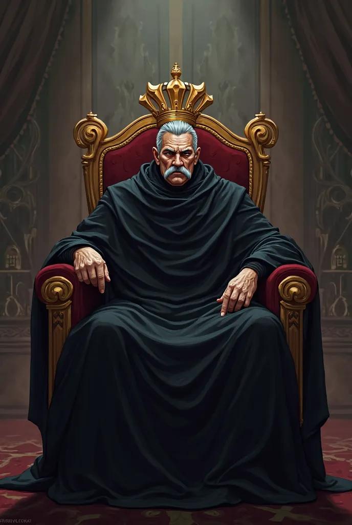 A gray-haired man, a thin mustache, a black cloak, a yellow crown and a mean expression. He is seated on a throne in a luxurious room. Simple and dark art