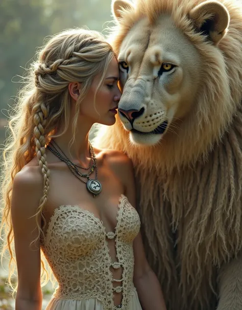 A fantastical scene featuring a young woman with long, flowing blonde hair styled in loose waves and braids, standing closely beside a large, mythical creature resembling a lion or bear with shaggy, light-colored fur and a stern expression. The woman wears...