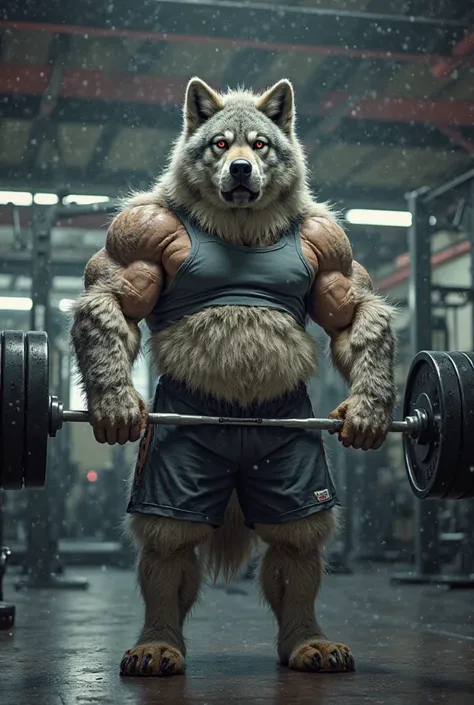 Show me a furry wolf with gray and white fur, he is stocky and fat, muscular, he wears sportswear and is doing weights in the gym. (by seato-hao)