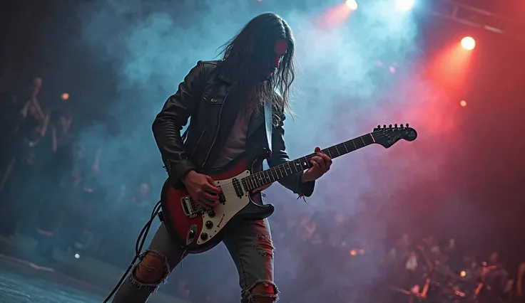 A rock guitarist in thick smoke plays electric guitar epically