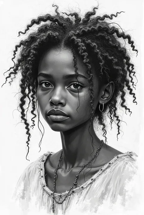 A black and white  sketch of a young African woman with dark skin and natural, unkempt hair that is in a very bad state—dry, tangled, and frizzy. Her hair appears damaged, with split ends and uneven patches, showing signs of neglect. She has a distressed a...