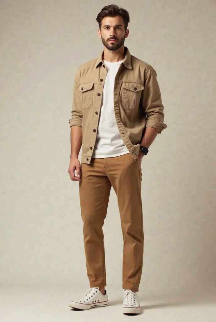 Men's light brown chino pants, beige bald neck shirt, beige trucker jacket and low white all star shoe