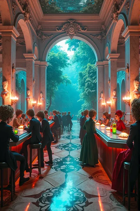 Bar full of marble, with busts of people, long corridors that lead to a garden, people with wigs drinking exotic green and red drinks, an artificial paradise of neon