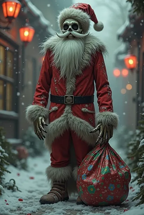 "Jack Skellington dressed as 'Sandy Claws' from The Nightmare Before Christmas, standing proudly with his long, thin limbs wrapped in a tattered red Santa suit. The vintage dark fantasy aesthetic gives the scene a dreamlike quality, with grainy textures, s...