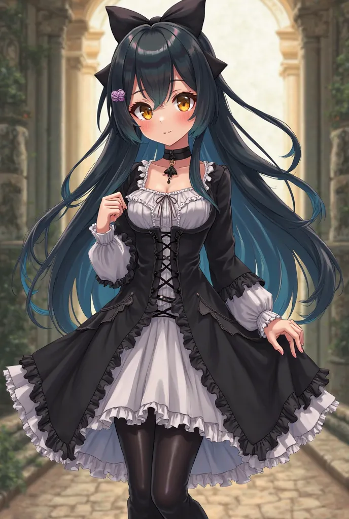 Adult female. Fully body. Long flowy black/blue hair. Bright gold eyes. big thick lashes. Anime cartoon Style. Black and white Victorian 18th century style dress, thigh high stockings and knee high black boots. Hair bow accessories. Black Choker necklace a...