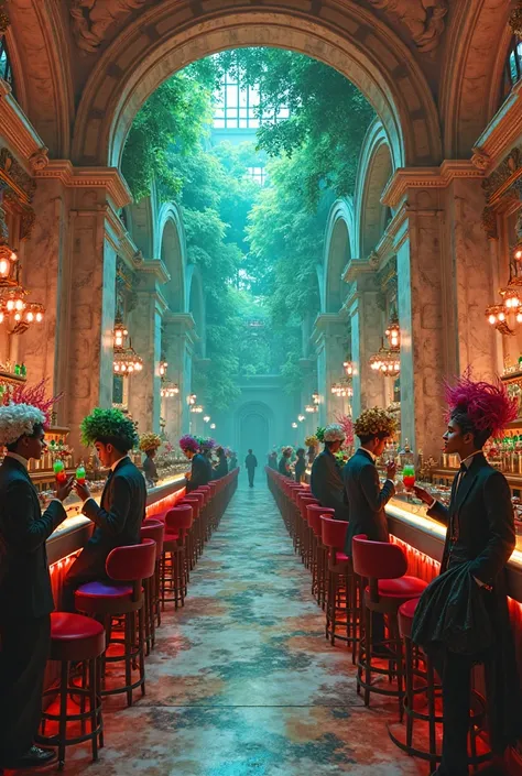 Bar full of marble, with busts of people, long corridors that lead to a garden, people with wigs drinking exotic green and red drinks, an artificial paradise of neon