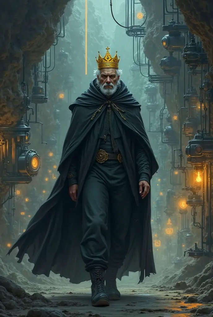 A gray-haired man, a thin mustache, a black cloak, a yellow crown and a hateful look. He is walking around a monarchical city in a technological underground cave setting with artificial lights. Simple and dark art