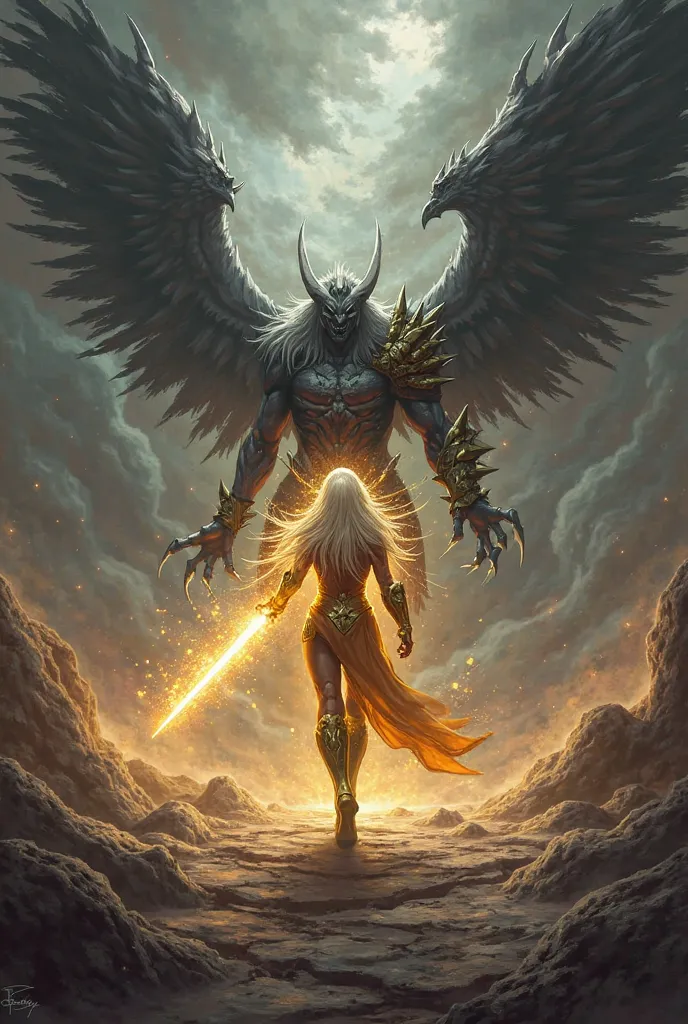 Make an image of Kayle fighting against Aatrox 