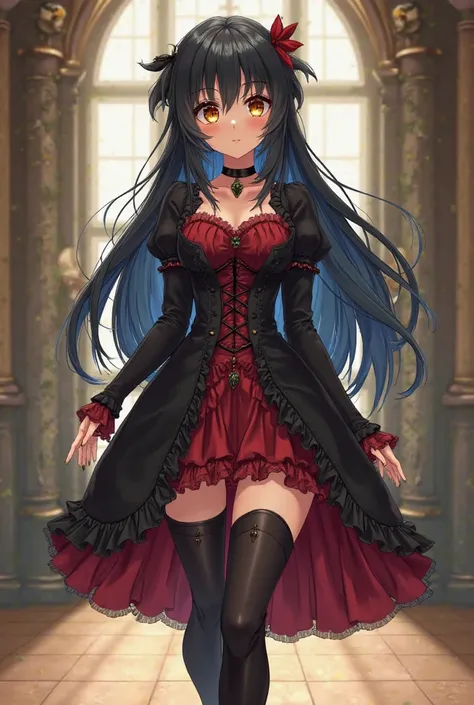 Adult female. Fully body. Long flowy black/blue hair. Bright gold eyes. big thick lashes. Anime cartoon Style. Black and red Victorian 18th century style dress, thigh high stockings and knee high black boots. Hair bow accessories. Black Choker necklace and...