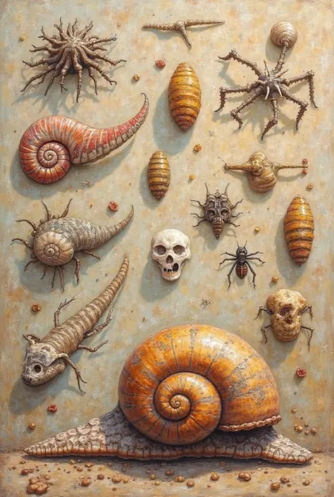 Quando as ren entraram na sala de aula viram o quadro todo enfeitado com desenhos de plantas e animais (draw ammonoids, , dinosaur, pine,  tree , foraminifera... all without an order and without a size scale,  Around the title ). in half, the curious title...