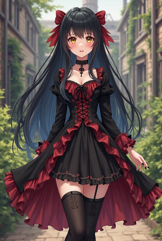 Adult female. Fully body. Long flowy black/blue hair. Bright gold eyes. big thick lashes. Anime cartoon Style. Black and red Victorian 18th century style dress, thigh high stockings and knee high black boots. Hair bow accessories. Black Choker necklace and...