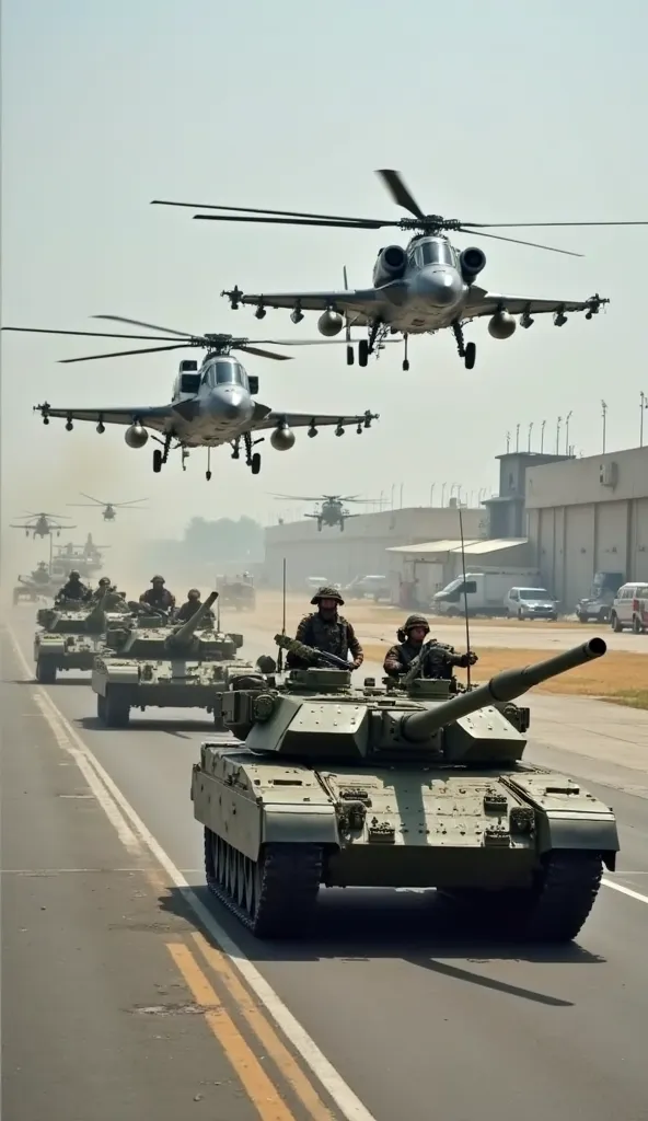 At a large Indian military base, the Indian Army and Air Force are conducting a joint training exercise. The scene showcases modern tanks, armored vehicles, and fully armed soldiers engaged in a well-coordinated drill. Indian Air Force fighter jets, such a...