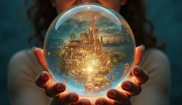 "A person holding a crystal globe, with scenes from the past, present and future reflected within it. The light of the globe illuminates the face of the person, who is in ecstasy, symbolizing the revelation and the change of perception."

