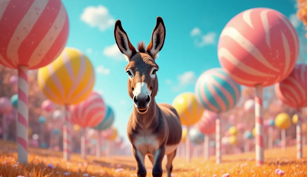 "A real donkey in a fantastical environment filled with giant, colorful lollipops. The donkey stands in the center of a whimsical candy land, surrounded by oversized lollipops in various bright colors. The scene is vibrant and magical, with the donkey look...