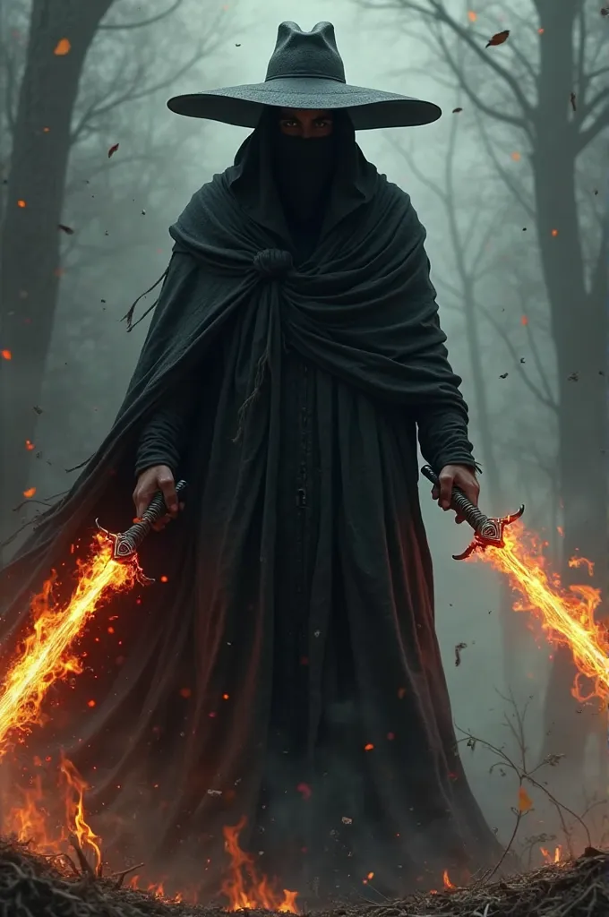 A man wearing a black robe, a large black hat, his face is covered with a black cloth in his hands are two swords on fire.