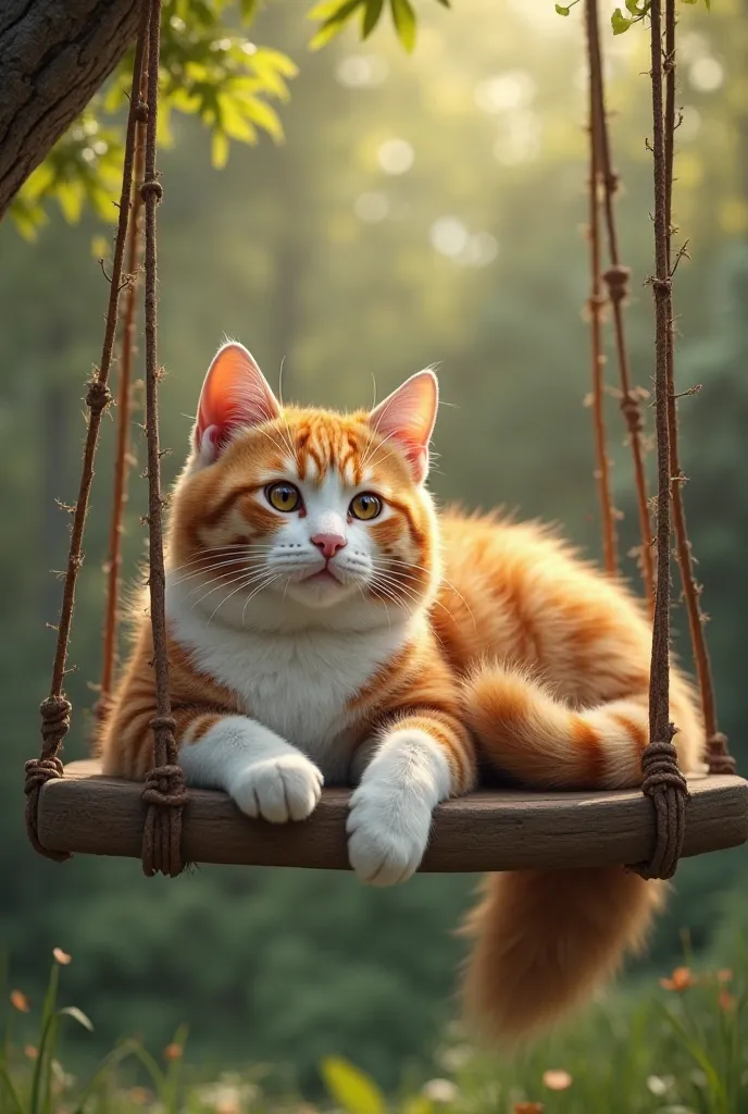 Hyper realistic image of an orange cat sitting on a swing 