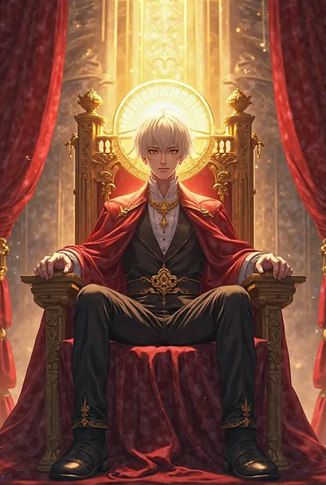 The short-haired king sits on a red and gold throne with a glass back and red curtains. Golden light radiates from his head in a cool anime shape.