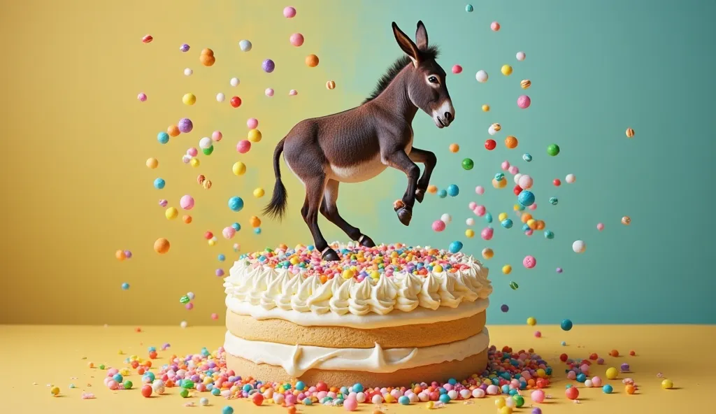 "A real donkey tap dancing on top of a giant cake covered with creamy frosting and colorful candies. As the donkey taps its hooves, the cake shakes in rhythm, and candies fly into the air, scattering around with joy. The cake itself is massive, with layers...