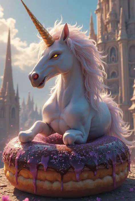 Create a picture of an angry unicorn, That is sitting on a chocolate donut. He looks at a magnificent palace. There is a GOD Alliance sign there