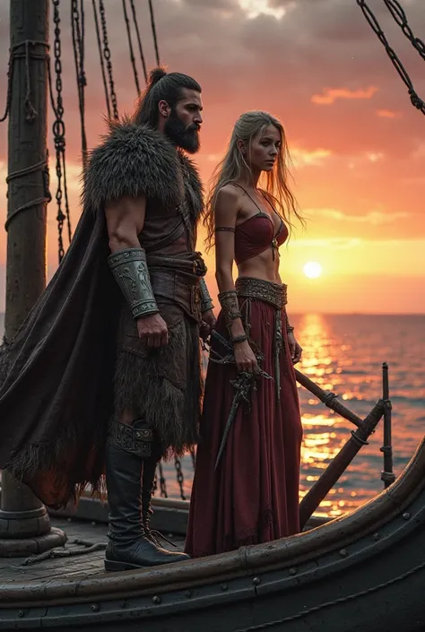 viking warrior, sensual blonde woman, on the deck of a viking ship, at sunset, holding a small sword, defiant attitude