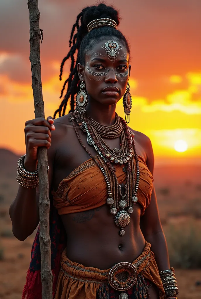 (photorealism:1.2),  African lady warrior attire serious face holding a spear sunset in the background she has face paint decorations 