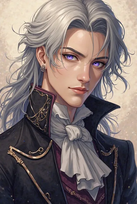 A silver-haired duke with dark blue or light purple eyes is an anime sepia tone picture