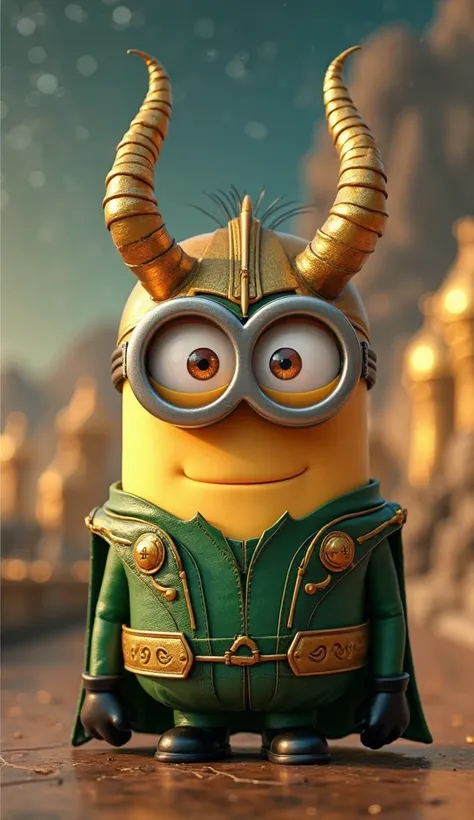 A Minion dressed as Loki, with a green and gold costume and a helmet with golden rods. He has an infectious smile, his big, expressive eyes reflecting the soft lighting. The background features an Asgardian setting, with golden palaces and a starry sky. Th...