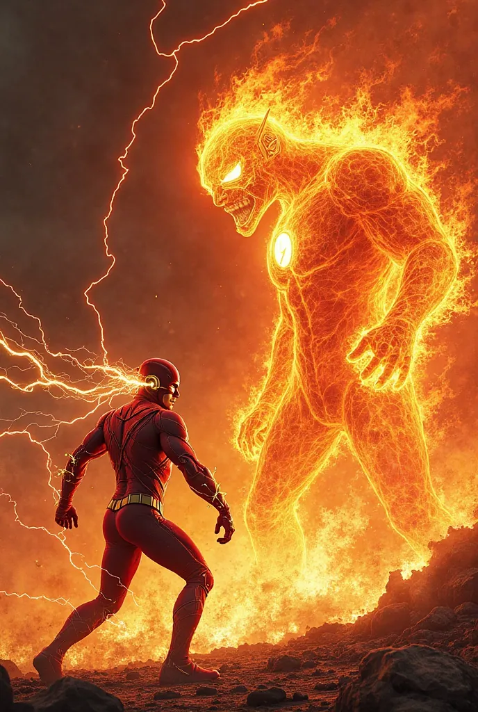 Create a dynamic and intense scene where Flash and a massive, sentient fire entity are locked in an aggressive face-off. Flash, in his signature red and gold suit, stands in a battle-ready stance, electricity crackling around him as his eyes glow with dete...