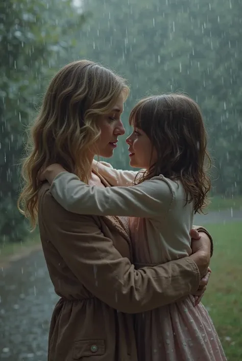 Designing a video of a mother with her daughter embracing her in the rain. The girl has medium-length brown hair and the mother has blonde hair 