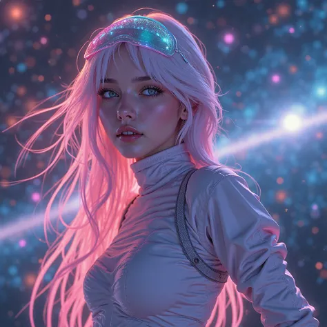 Anime style, masterpiece, best quality, good quality, very aesthetic, absurd, newest, 8K, depth of field, in focus object, dynamic angle, dutch angle, wabi sabi, woman floating in space nebulae, sexy spacesuit, holographic visor, holographic glitter, faint...