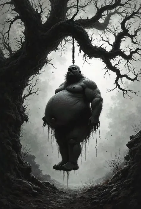 Make a fat man hanged, and painted on a tree, I want an image in black and white, where it represents only the silhouette 
