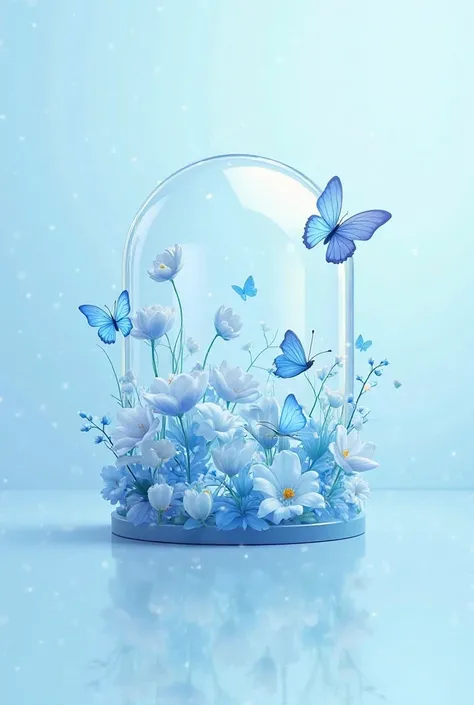 Logo, blue base , small flowers in different shades of light blue, small blue butterflies, a low glass vault  