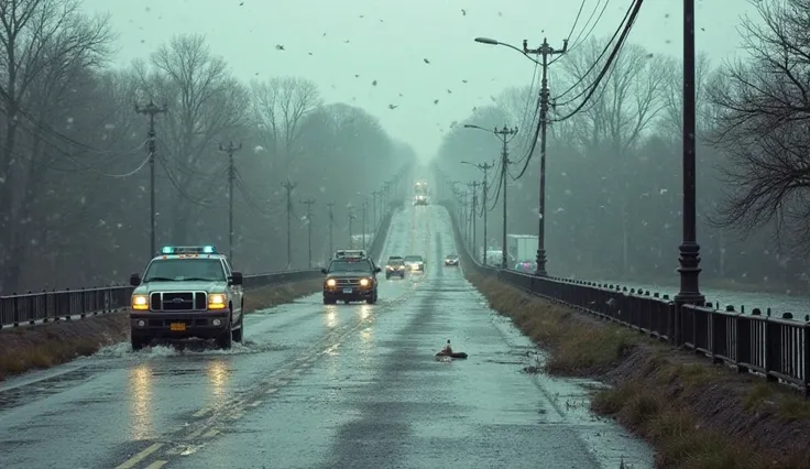 I want a flood disaster from you.Let the flood waters rise up the bridge as the cars move along a somewhat historic bridge and a few cars get caught in these waters.Make it look like a few people got out of their cars and tried to run away.