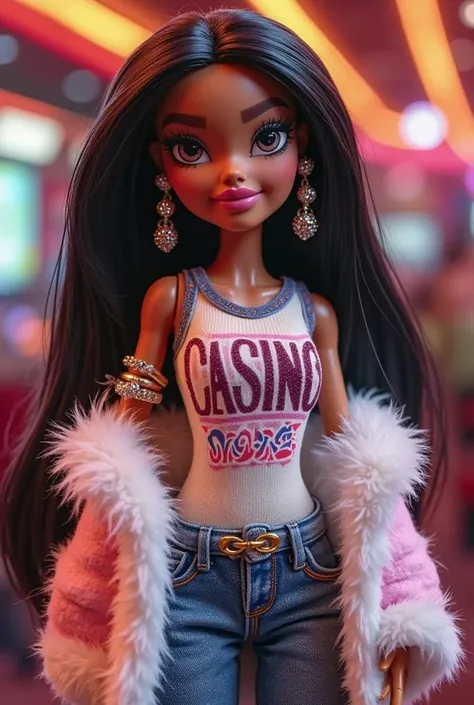 Bratz 3D in a medium body casino with long black hair she has a winter cover with fluffy white and decorated “CASINO NADIA” in a t-shirt on the body and jeans on the body she has long white eyelashes and nails, thick lips and white skin she has big shiny r...