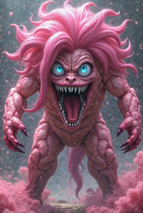 Instructions to generate the image:
"A representation of Pinkie Pie from Equestria Girls transformed into a Jaw Titan by Shingeki no Kyojin. The Titan is 5 meters tall,of pale pink skin,  more human  . Her hair a wild explosion of bright pink hair, lacioy ...