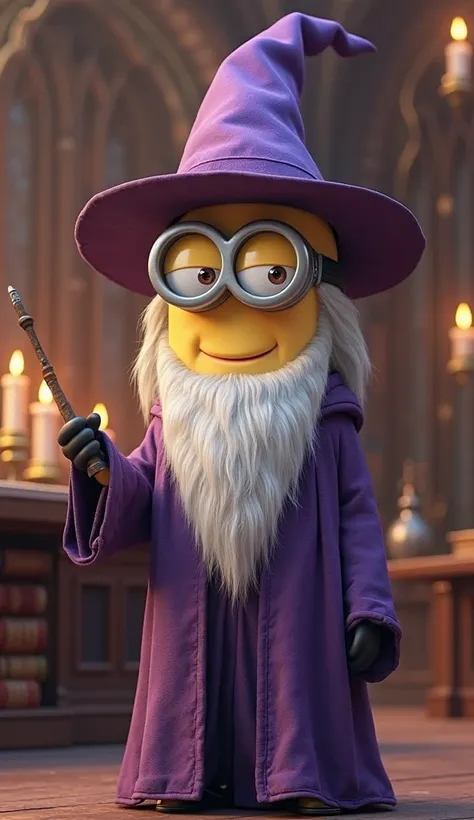 A Minion dressed as Dumbledore, wearing long purple robes and a pointed hat, with a detailed long white beard. He holds his elderberry wand and has a wise look but an infectious smile. Her large, expressive eyes reflect professional lighting. The themed ba...